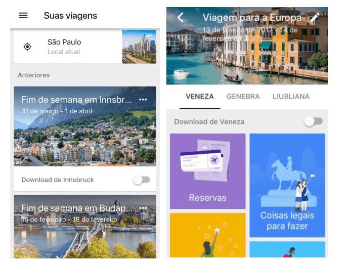 Aplicativo da Google Trips Telas do app Google Trips