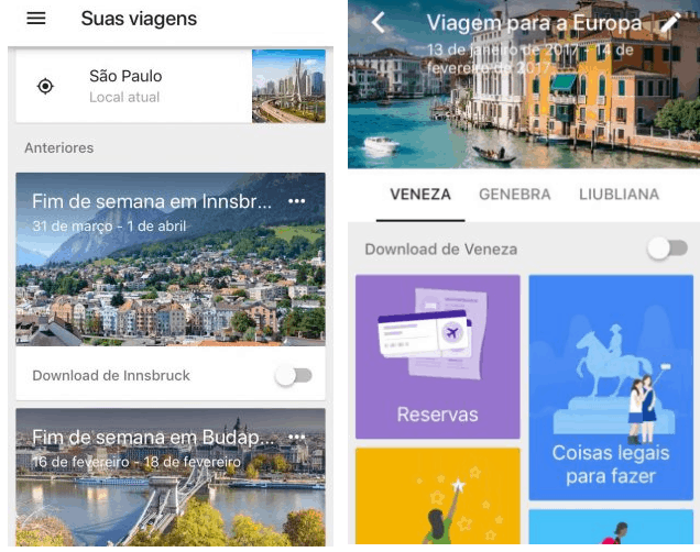 Google Trips Telas do app Google Trips