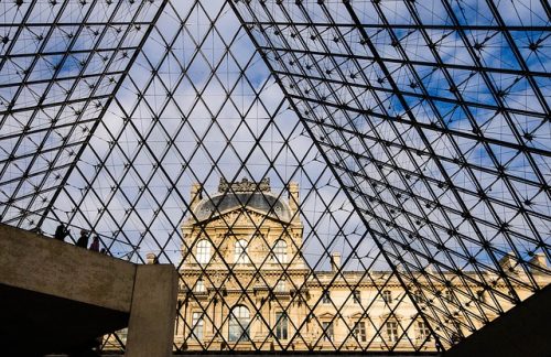 Museu do Louvre Pirâmide transparente e arquitetura ao fundo, em Paris