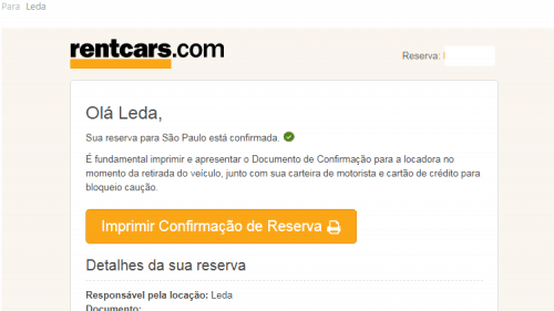 Aluguel de carros pela Rentcars Confirmação da reserva da Rentcars