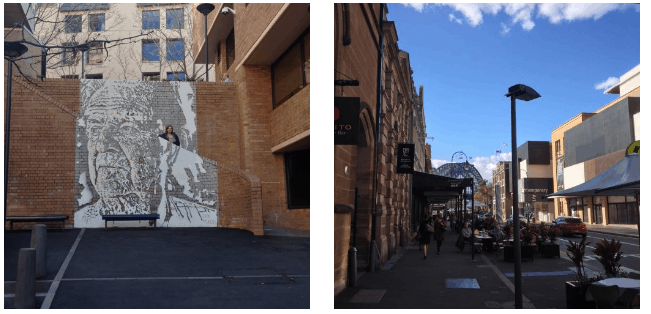 Bairro The Rocks, em Sydney Arte de rua e movimento no The Rocks, em Sydney
