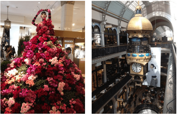 Decoração de loja em Sydney Manequim com flores e relógio em shopping