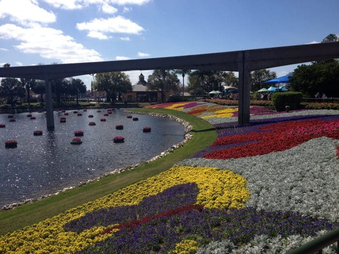 Flores do Epcot jardins coloridos e lago na lateral