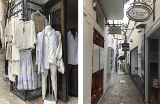 Loja de roupas e rua de comércio italiana Costa Amalfitana: Loja de roupas e rua de comércio italiana