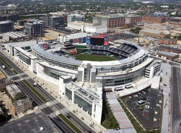 Visão panorâmica do Nationals Park Vista panorâmica do estádio com prédios ao fundo