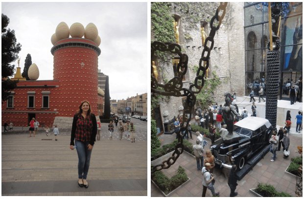 Fachada do Museu Dalí e decoração com correntes de um dos salões internos