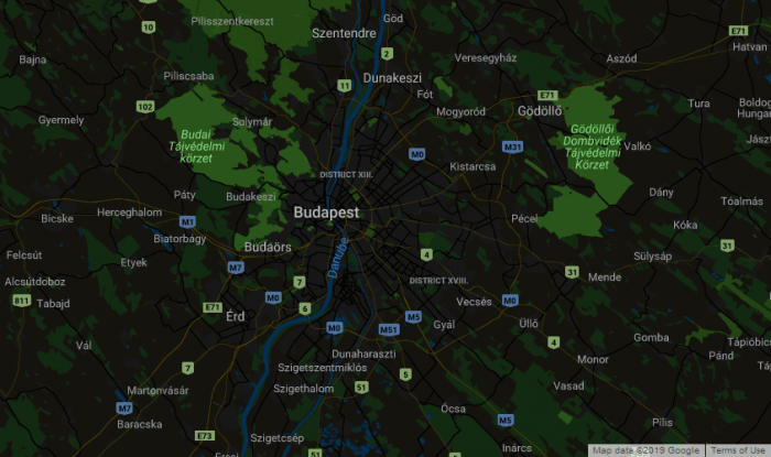 Mapa de Budapeste escuro e com pontos luminosos