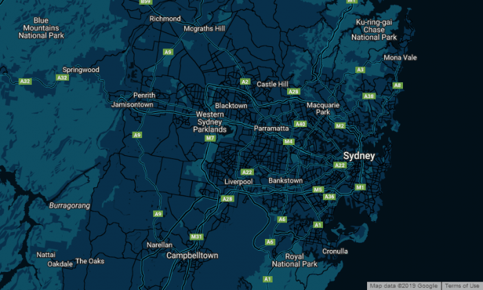 mapa de Sydney que lembra a noite