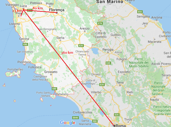 Mapa parcial da Itália Distância de Lucca