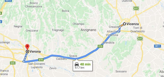 mapa com distância entre Verona e Veneza 1 dia em Vicenza mapa Verona