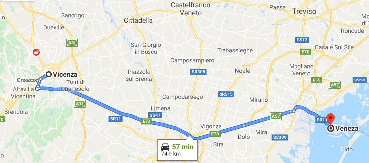 Mapa entre Vicenza e Veneza Mapa entre Vicenza e Veneza