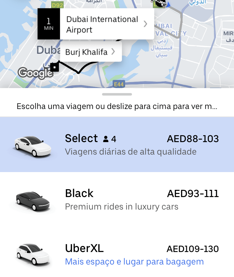 Custo do Uber em Dubai