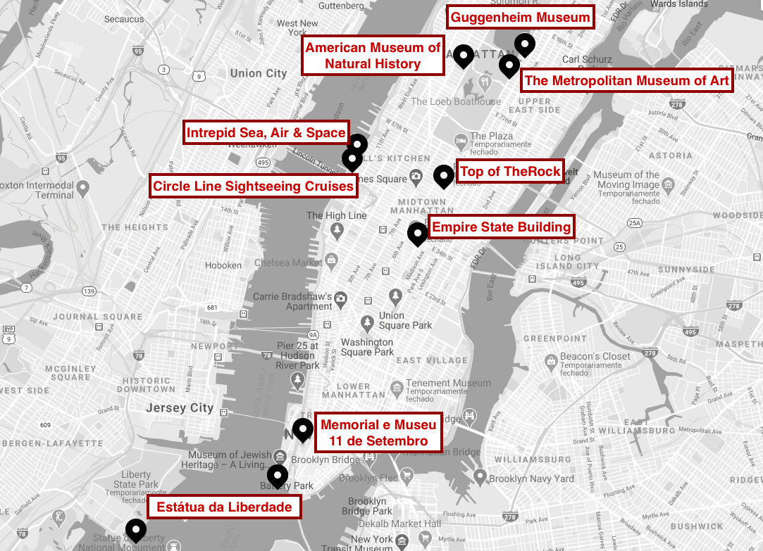Mapa com atrações do NY CityPass