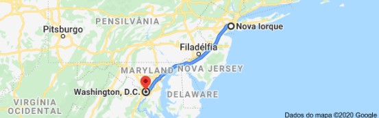 Mapa do caminhos entre Washington D.C. e Nova York
