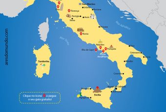 Mapa da Itália com 15 guias gratuitos de cidades