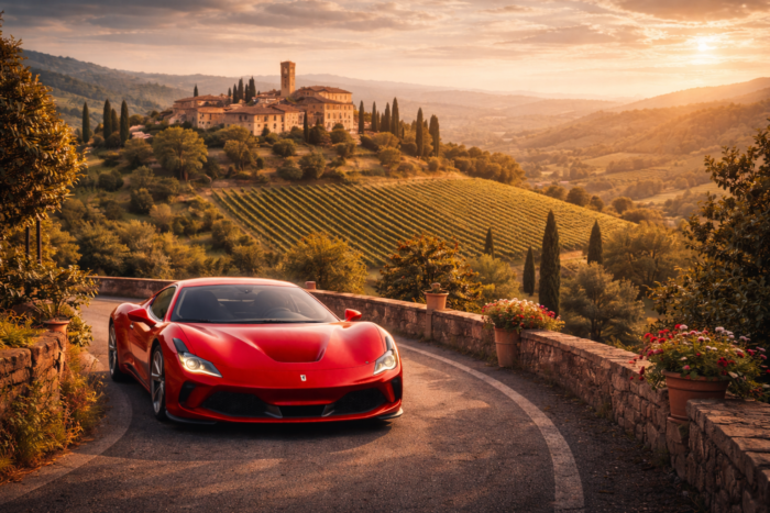 Dirigir Ferrari na Itália em uma drive experience de luxo pela Toscana, com paisagens panorâmicas e estradas cênicas