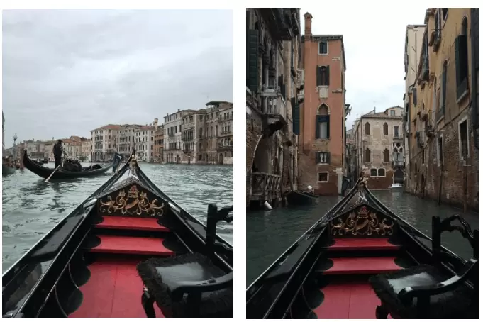 Paisagens de Veneza tidas por meio de um passeio de gôndola