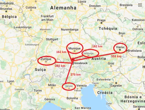 Innsbruck no mapa da Europa Distância de Innsbruck