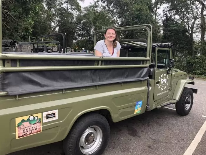 turista dentro do jeep, com floresta ao fundo