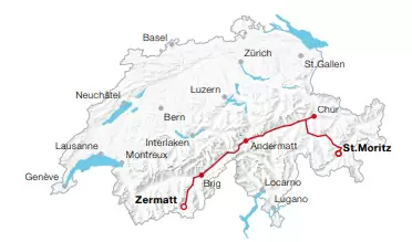 Rota de trem na suíça Glacier Express: trem na suíça